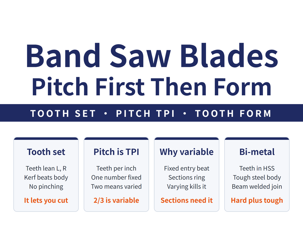 Hero card for band saw blade selection: headline "Band Saw Blades / Pitch First Then Form", lead strip "TOOTH SET - PITCH TPI - TOOTH FORM"; four cards - Tooth set (Teeth lean L, R, Kerf beats body, No pinching; verdict "It lets you cut"), Pitch is TPI (Teeth per inch, One number fixed, Two means varied; verdict "2/3 is variable"), Why variable (Fixed entry beat, Sections ring, Varying kills it; verdict "Sections need it"), Bi-metal (Teeth in HSS, Tough steel body, Beam welded join; verdict "Hard plus tough")