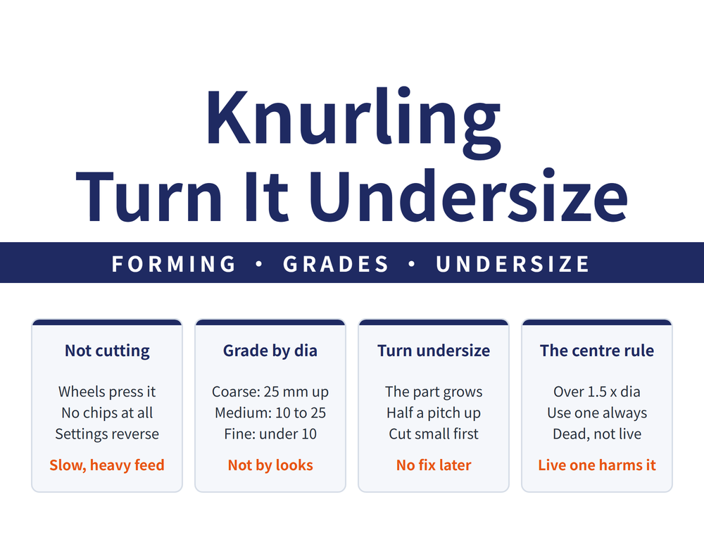 Hero card for lathe knurling: headline "Knurling / Settings Run Backwards", lead strip "GRADE - UNDERSIZE - SPEED - CENTRE"; four cards - Grade by diameter (Coarse for 25 up, Medium 10 to 25, Fine below 10; verdict "Not by looks"), Turn it undersize (Knurling swells the part, About half the pitch, Coarse needs 0.8 to 1.0; verdict "Or it busts size"), Run it slow (Spindle 50 to 100 rpm, Speed 4.5 to 5 m/min, Feed 0.2 to 0.5 mm/rev; verdict "Too fast blurs it"), Use a centre (Past 1.5 times dia, Always a dead centre, Live one hurts the taper; verdict "Dead centre only")