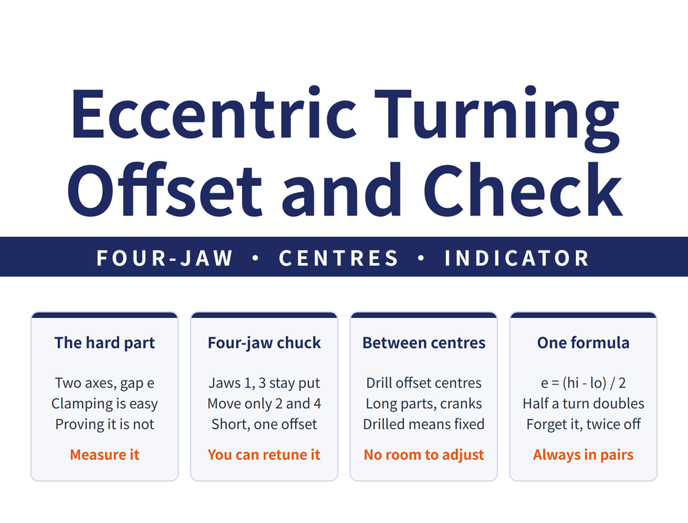 Hero card for eccentric turning: headline "Eccentric Turning / Hold It Off, Measure It", lead strip "FOUR JAW - CENTRES - INDICATOR - BLOCKS"; four cards - Four-jaw method (Jaws 1 and 3 fixed, Adjust 2 and 4, Axis shifts by e; verdict "Best for short work"), Between centres (Find the end centres, Drill offset centres, Screw props the part; verdict "Long work and cranks"), Indicator check (Turn it half a turn, Half the difference, One formula throughout; verdict "Divide it by two"), Gauge block check (Sit it in a V-block, Stack up to the top, Height minus datum; verdict "A static measure")