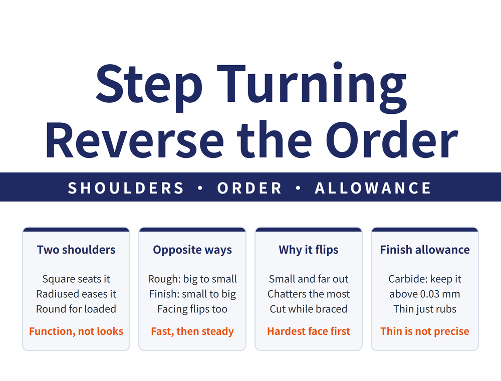 Hero card for shoulder turning: headline "Shoulder Turning / The Order Reverses", lead strip "CORNER - ROUGH - FINISH - ALLOWANCE"; four cards - Two corner forms (Square mates to face, Fillet resists cracks, Use fillet if hardened; verdict "Loads, not looks"), Rough large first (Start at max diameter, Work down in order, Set length and size; verdict "Speed comes first"), Finish small first (End face is datum, Start nearest the face, Hardest cut while stiff; verdict "Small end first"), Finish allowance (Carbide needs 0.03 mm, First cut clears scale, Retract at 45 degrees; verdict "Thin is not finer")