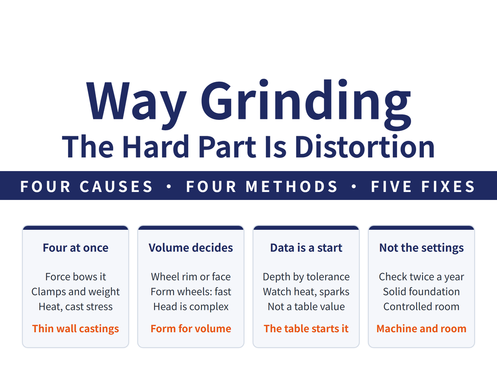 Hero card for way grinding: headline "Way Grinding / The Hard Part Is Distortion", lead strip "FOUR CAUSES - FOUR METHODS - FIVE FIXES"; four cards - Four at once (Force bows it, Clamps and weight, Heat, cast stress; verdict "Thin wall castings"), Volume decides (Wheel rim or face, Form wheels: fast, Head is complex; verdict "Form for volume"), Data is a start (Depth by tolerance, Watch heat, sparks, Not a table value; verdict "The table starts it"), Not the settings (Check twice a year, Solid foundation, Controlled room; verdict "Machine and room")