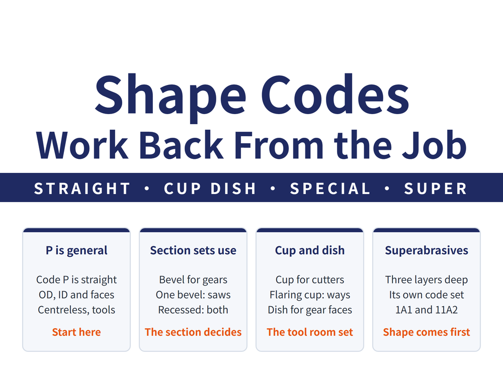 Hero card for grinding wheel shape codes: headline "Shape Codes / Work Back From the Job", lead strip "STRAIGHT - CUP DISH - SPECIAL - SUPER"; four cards - P is general (Code P is straight, OD, ID and faces, Centreless, tools; verdict "Start here"), Section sets use (Bevel for gears, One bevel: saws, Recessed: both; verdict "The section decides"), Cup and dish (Cup for cutters, Flaring cup: ways, Dish for gear faces; verdict "The tool room set"), Superabrasives (Three layers deep, Its own code set, 1A1 and 11A2; verdict "Shape comes first")