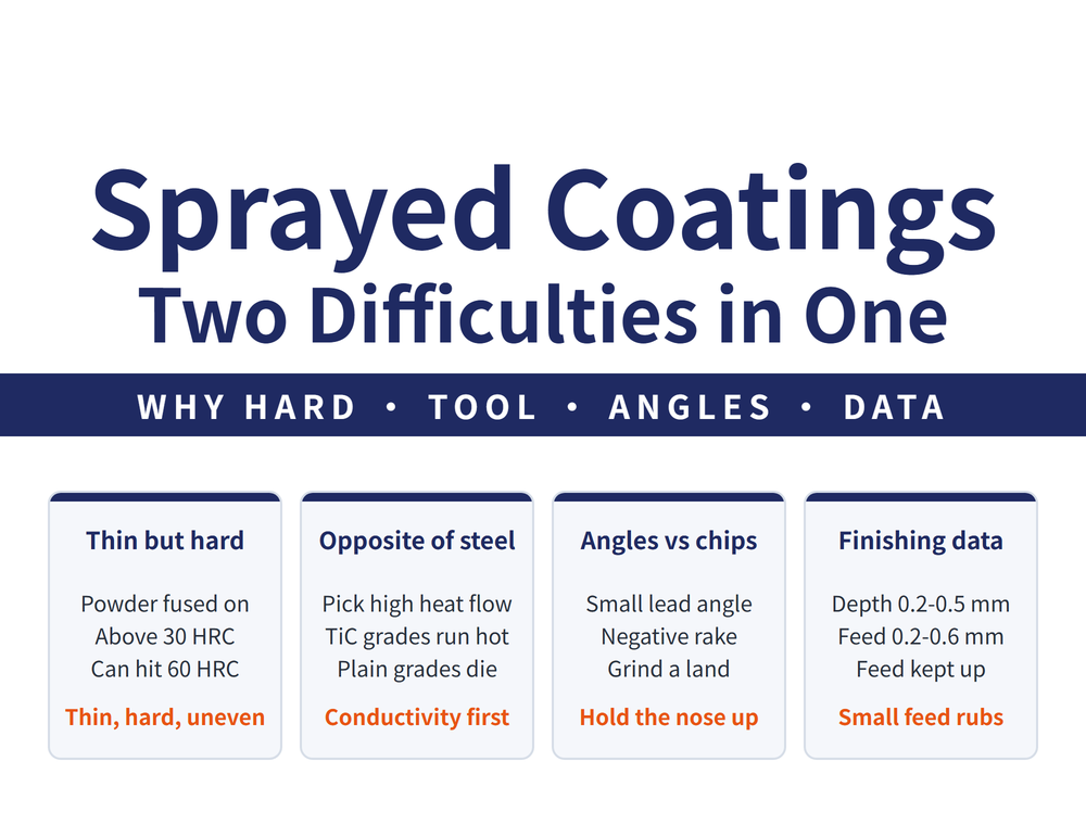 Hero card for machining thermal spray coatings: headline "Sprayed Coatings / Two Difficulties in One", lead strip "WHY HARD - TOOL - ANGLES - DATA"; four cards - Thin but hard (Powder fused on, Above 30 HRC, Can hit 60 HRC; verdict "Thin, hard, uneven"), Opposite of steel (Pick high heat flow, TiC grades run hot, Plain grades die; verdict "Conductivity first"), Angles vs chips (Small lead angle, Negative rake, Grind a land; verdict "Hold the nose up"), Finishing data (Depth 0.2-0.5 mm, Feed 0.2-0.6 mm, Feed kept up; verdict "Small feed rubs")