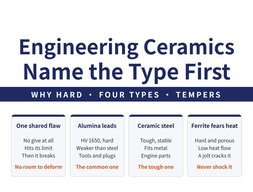 Hero card for engineering ceramics: headline "Engineering Ceramics / Name the Type First", lead strip "WHY HARD - FOUR TYPES - TEMPERS"; four cards - One shared flaw (No give at all, Hits its limit, Then it breaks; verdict "No room to deform"), Alumina leads (HV 1650, hard, Weaker than steel, Tools and plugs; verdict "The common one"), Ceramic steel (Tough, stable, Fits metal, Engine parts; verdict "The tough one"), Ferrite fears heat (Hard and porous, Low heat flow, A jolt cracks it; verdict "Never shock it")