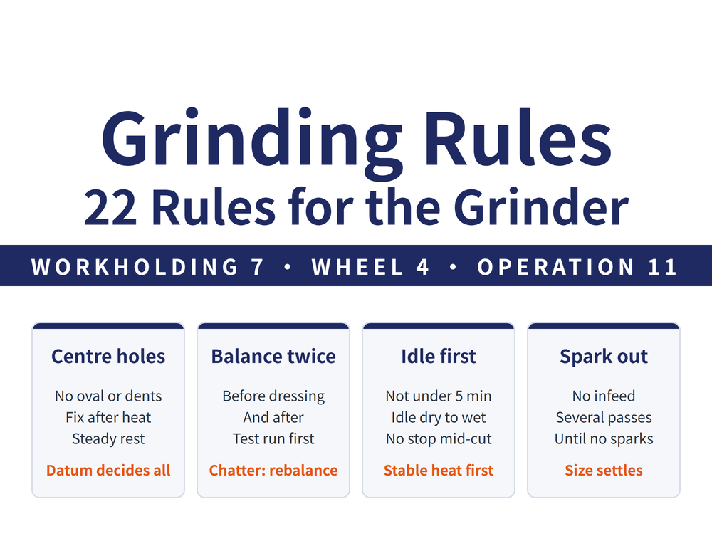 Hero card for grinding practice rules: headline "Grinding Rules / 22 Rules for the Grinder", lead strip "WORKHOLDING 7 - WHEEL 4 - OPERATION 11"; four cards - Centre holes (No oval or dents, Fix after heat, Steady rest; verdict "Datum decides all"), Balance twice (Before dressing, And after, Test run first; verdict "Chatter: rebalance"), Idle first (Not under 5 min, Idle dry to wet, No stop mid-cut; verdict "Stable heat first"), Spark out (No infeed, Several passes, Until no sparks; verdict "Size settles")