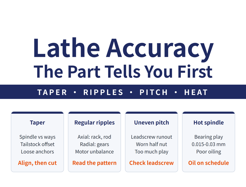 Hero card for lathe accuracy: headline "Lathe Accuracy / The Part Tells You First", lead strip "TAPER - RIPPLES - PITCH - HEAT"; four cards - Taper (Spindle vs ways, Tailstock offset, Loose anchors; verdict "Align, then cut"), Regular ripples (Axial: rack, rod, Radial: gears, Motor unbalance; verdict "Read the pattern"), Uneven pitch (Leadscrew runout, Worn half nut, Too much play; verdict "Check leadscrew"), Hot spindle (Bearing play, 0.015-0.03 mm, Poor oiling; verdict "Oil on schedule")