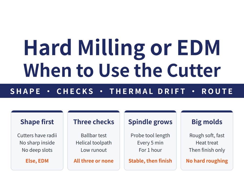 Hero card for hard milling or EDM: headline "Hard Milling or EDM / When to Use the Cutter", lead strip "SHAPE - CHECKS - THERMAL DRIFT - ROUTE"; four cards - Shape first (Cutters have radii, No sharp inside, No deep slots; verdict "Else, EDM"), Three checks (Ballbar test, Helical toolpath, Low runout; verdict "All three or none"), Spindle grows (Probe tool length, Every 5 min, For 1 hour; verdict "Stable, then finish"), Big molds (Rough soft, fast, Heat treat, Then finish only; verdict "No hard roughing")