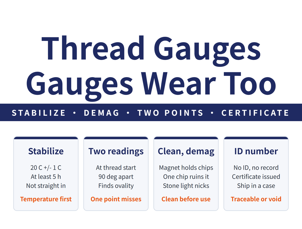 Hero card for thread gauge calibration: headline "Thread Gauges / Gauges Wear Too", lead strip "STABILIZE - DEMAG - TWO POINTS - CERTIFICATE"; four cards - Stabilize (20 C +/- 1 C, At least 5 h, Not straight in; verdict "Temperature first"), Two readings (At thread start, 90 deg apart, Finds ovality; verdict "One point misses"), Clean, demag (Magnet holds chips, One chip ruins it, Stone light nicks; verdict "Clean before use"), ID number (No ID, no record, Certificate issued, Ship in a case; verdict "Traceable or void")