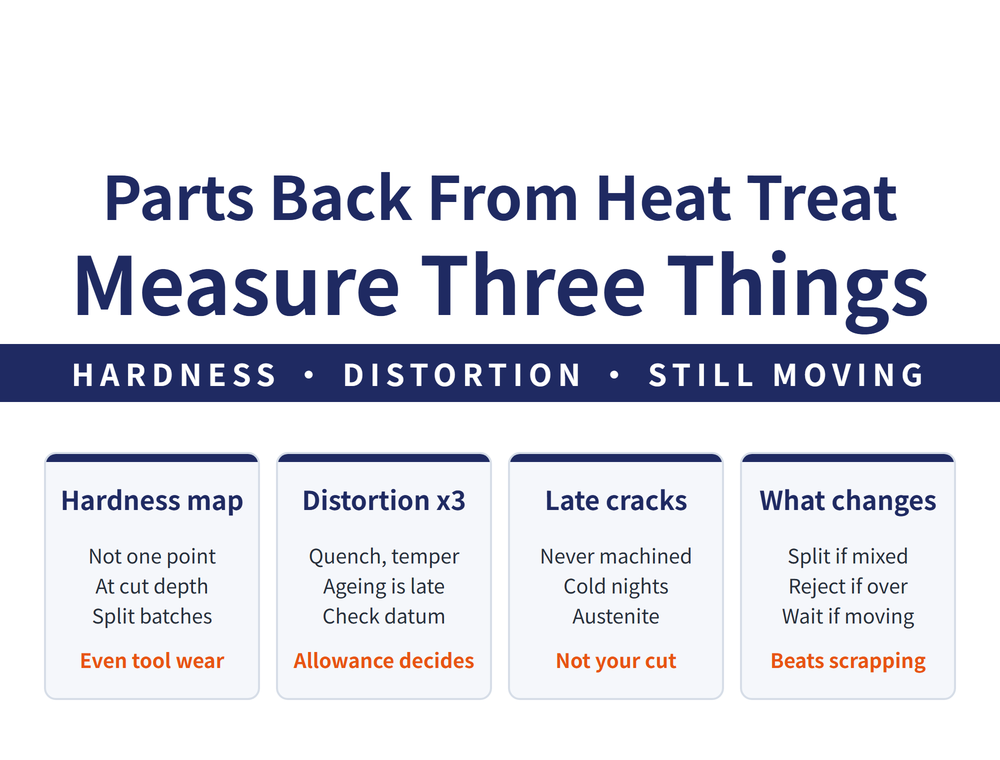 Hero card for checking parts back from heat treatment: headline 〈Parts Back From Heat Treat Measure Three Things〉, lead strip 〈HARDNESS • DISTORTION • STILL MOVING〉; four cards - Hardness map (Not one point, At cut depth, Split batches; verdict 〈Even tool wear〉), Distortion x3 (Quench, temper; Ageing is late; Check datum; verdict 〈Allowance decides〉), Late cracks (Never machined, Cold nights, Austenite; verdict 〈Not your cut〉), What changes (Split if mixed, Reject if over, Wait if moving; verdict 〈Beats scrapping〉)