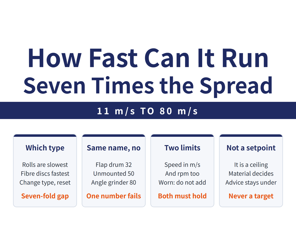 Hero card for abrasive speed limits: headline 〈How Fast Can It Run Seven Times the Spread〉, lead strip 〈11 m/s TO 80 m/s〉; four cards - Which type (Rolls are slowest, Fibre discs fastest, Change type reset; verdict 〈Seven-fold gap〉), Same name no (Flap drum 32, Unmounted 50, Angle grinder 80; verdict 〈One number fails〉), Two limits (Speed in m/s, And rpm too, Worn do not add; verdict 〈Both must hold〉), Not a setpoint (It is a ceiling, Material decides, Advice stays under; verdict 〈Never a target〉)