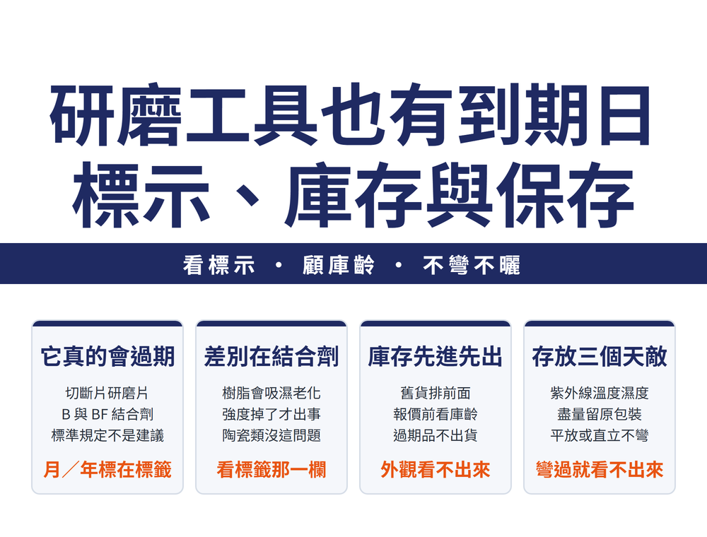 研磨工具到期與保存首圖:大標〈研磨工具也有到期日 標示、庫存與保存〉,導線帶〈看標示 • 顧庫齡 • 不彎不曬〉;四張卡——它真的會過期(切斷片研磨片、B 與 BF 結合劑、標準規定不是建議;結論〈月/年標在標籤〉)、差別在結合劑(樹脂會吸濕老化、強度掉了才出事、陶瓷類沒這問題;結論〈看標籤那一欄〉)、庫存先進先出(舊貨排前面、報價前看庫齡、過期品不出貨;結論〈外觀看不出來〉)、存放三個天敵(紫外線溫度濕度、盡量留原包裝、平放或直立不彎;結論〈彎過就看不出來〉)