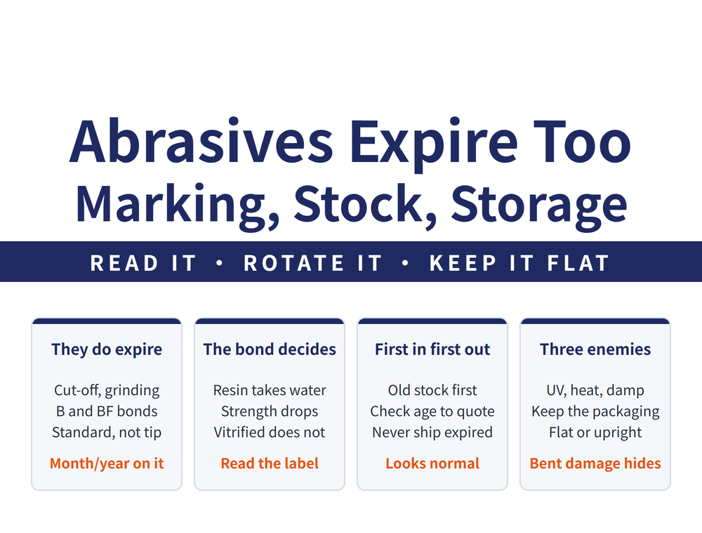Hero card for abrasive expiry and storage: headline 〈Abrasives Expire Too Marking, Stock, Storage〉, lead strip 〈READ IT • ROTATE IT • KEEP IT FLAT〉; four cards - They do expire (Cut-off grinding, B and BF bonds, Standard not tip; verdict 〈Month/year on it〉), The bond decides (Resin takes water, Strength drops, Vitrified does not; verdict 〈Read the label〉), First in first out (Old stock first, Check age to quote, Never ship expired; verdict 〈Looks normal〉), Three enemies (UV heat damp, Keep the packaging, Flat or upright; verdict 〈Bent damage hides〉)