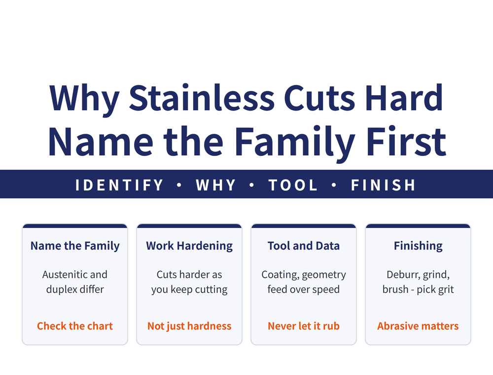Stainless machining guide hero: main title Why Stainless Cuts Hard / Name the Family First; ribbon IDENTIFY, WHY, TOOL, FINISH; four quick cards - Name the Family (austenitic and duplex differ; check the chart), Work Hardening (cuts harder as you keep cutting; not just hardness), Tool and Data (coating, geometry, feed over speed; never let it rub), Finishing (deburr, grind, brush - pick grit; abrasive matters)