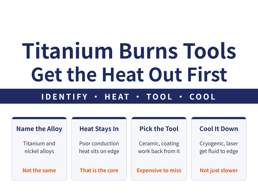 Titanium and superalloy guide hero: main title Titanium Burns Tools / Get the Heat Out First; ribbon IDENTIFY, HEAT, TOOL, COOL; four quick cards - Name the Alloy (titanium and nickel alloys; not the same), Heat Stays In (poor conduction, heat sits on edge; that is the core), Pick the Tool (ceramic, coating, work back from it; expensive to miss), Cool It Down (cryogenic, laser, get fluid to edge; not just slower)