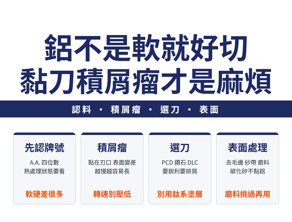 鋁與非鐵金屬加工導讀首圖:主標〈鋁不是軟就好切／黏刀積屑瘤才是麻煩〉,導線帶〈認料・積屑瘤・選刀・表面〉;四張速覽卡——先認牌號(A.A. 四位數／熱處理狀態要看／橘字:軟硬差很多)、積屑瘤(黏在刃口 表面變差／越慢越容易長／橘字:轉速別壓低)、選刀(PCD 鑽石 DLC／要銳利要排屑／橘字:別用鈦系塗層)、表面處理(去毛邊 砂帶 磨料／碳化矽不黏鋁／橘字:磨料挑過再用)