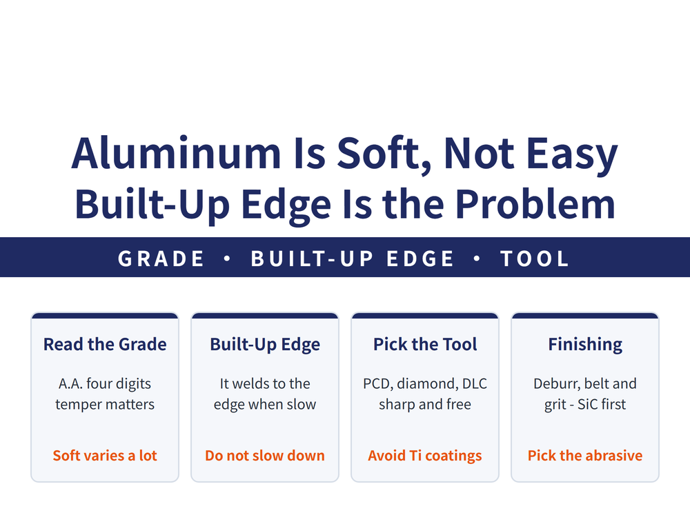 Aluminium and non-ferrous guide hero: main title Aluminum Is Soft, Not Easy / Built-Up Edge Is the Problem; ribbon GRADE, BUILT-UP EDGE, TOOL; four quick cards - Read the Grade (A.A. four digits, temper matters; soft varies a lot), Built-Up Edge (it welds to the edge when slow; do not slow down), Pick the Tool (PCD, diamond, DLC, sharp and free; avoid Ti coatings), Finishing (deburr, belt and grit - SiC first; pick the abrasive)