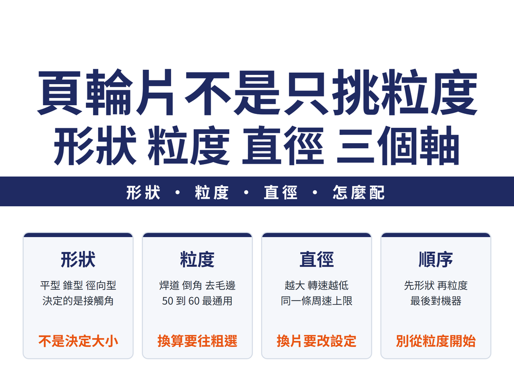 頁輪片選型首圖:主標〈頁輪片不是只挑粒度／形狀 粒度 直徑 三個軸〉,導線帶〈形狀・粒度・直徑・怎麼配〉;四張速覽卡——形狀(平型 錐型 徑向型／決定的是接觸角/橘字:不是決定大小)、粒度(焊道 倒角 去毛邊 精修／50 到 60 最通用/橘字:換算要往粗選)、直徑(越大 轉速越低／同一條周速上限/橘字:換片要改設定)、順序(先形狀 再粒度／最後對機器/橘字:別從粒度開始)