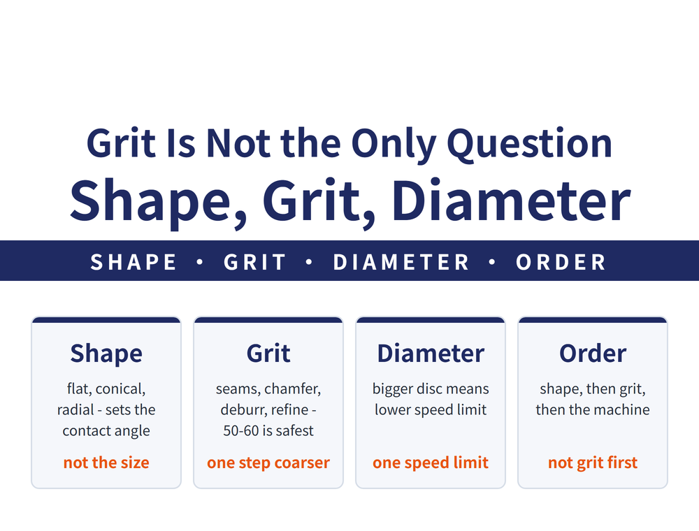 Flap disc selection hero: main title Grit Is Not the Only Question / Shape, Grit, Diameter; ribbon SHAPE, GRIT, DIAMETER, ORDER; four quick cards - Shape (flat, conical, radial - sets the contact angle; not the size), Grit (seams, chamfer, deburr, refine - 50-60 is safest; one step coarser), Diameter (bigger disc means lower speed limit; one speed limit), Order (shape, then grit, then the machine; not grit first)