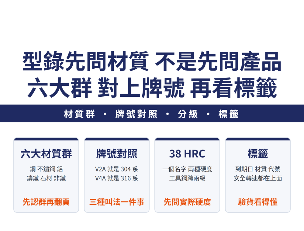 研磨工具型錄判讀首圖:主標〈型錄先問材質 不是先問產品/六大群 對上牌號 再看標籤〉,導線帶〈材質群・牌號對照・分級・標籤〉;四張速覽卡——六大材質群(鋼 不鏽鋼 鋁/鑄鐵 石材 非鐵/橘字:先認群再翻頁)、牌號對照(V2A 就是 304 系/V4A 就是 316 系/橘字:三種叫法一件事)、38 HRC(一個名字 兩種硬度/工具鋼跨兩級/橘字:先問實際硬度)、標籤(到期日 材質 代號/安全轉速都在上面/橘字:驗貨看得懂)