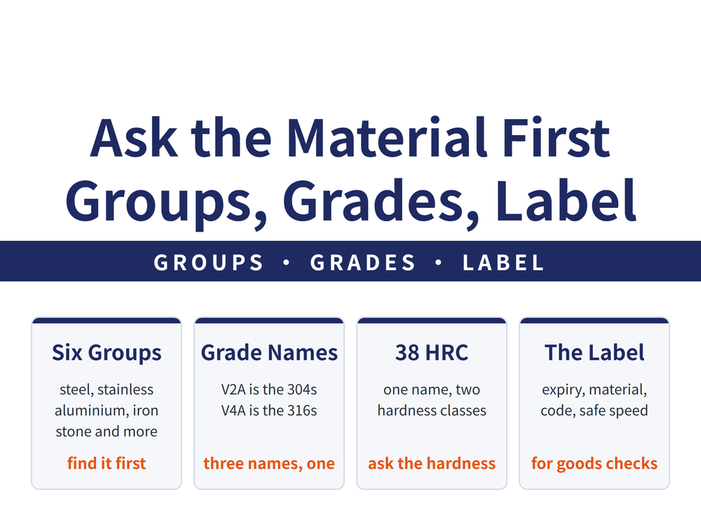 Abrasive catalogue reading hero: main title Ask the Material First, Not the Product / Six Groups, Grades, Then the Label; ribbon GROUPS, GRADES, LABEL; four quick cards - Six Groups (steel, stainless, aluminium, iron, stone and more; find it first), Grade Names (V2A is the 304s, V4A is the 316s; three names, one), 38 HRC (one name, two hardness classes; ask the hardness), The Label (expiry, material, code, safe speed; for goods checks)