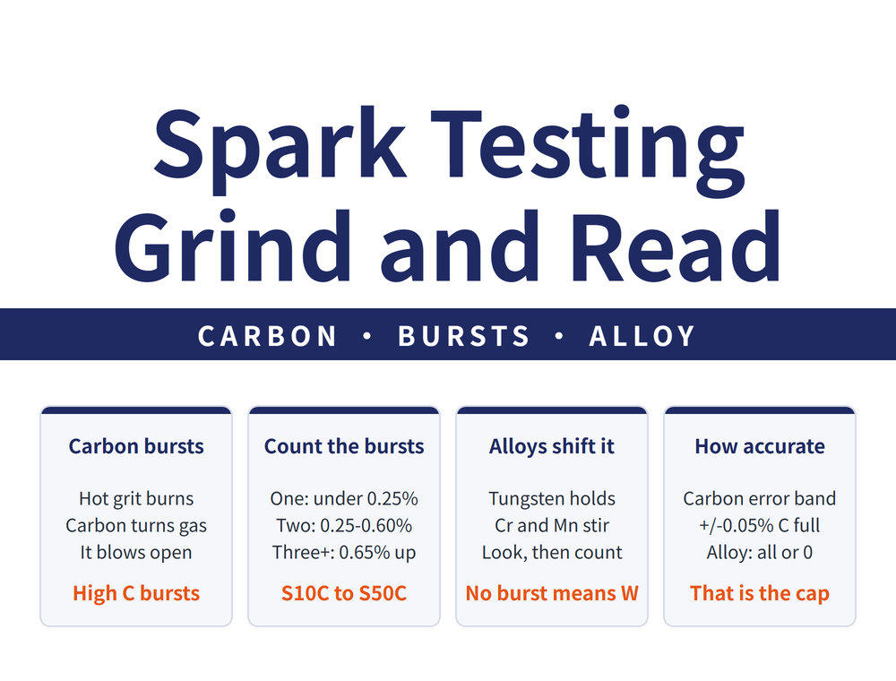 Spark testing hero image: headline 'Spark Testing / Grind and Read', band 'CARBON - BURSTS - ALLOY'; four cards - Carbon bursts (hot grit burns, carbon turns gas, it blows open; takeaway 'High C bursts'), Count the bursts (one: under 0.25%, two: 0.25-0.60%, three+: 0.65% up; takeaway 'S10C to S50C'), Alloys shift it (tungsten holds, Cr and Mn stir, look then count; takeaway 'No burst means W'), How accurate (carbon error band, +/-0.05% C full, alloy: all or 0; takeaway 'That is the cap')