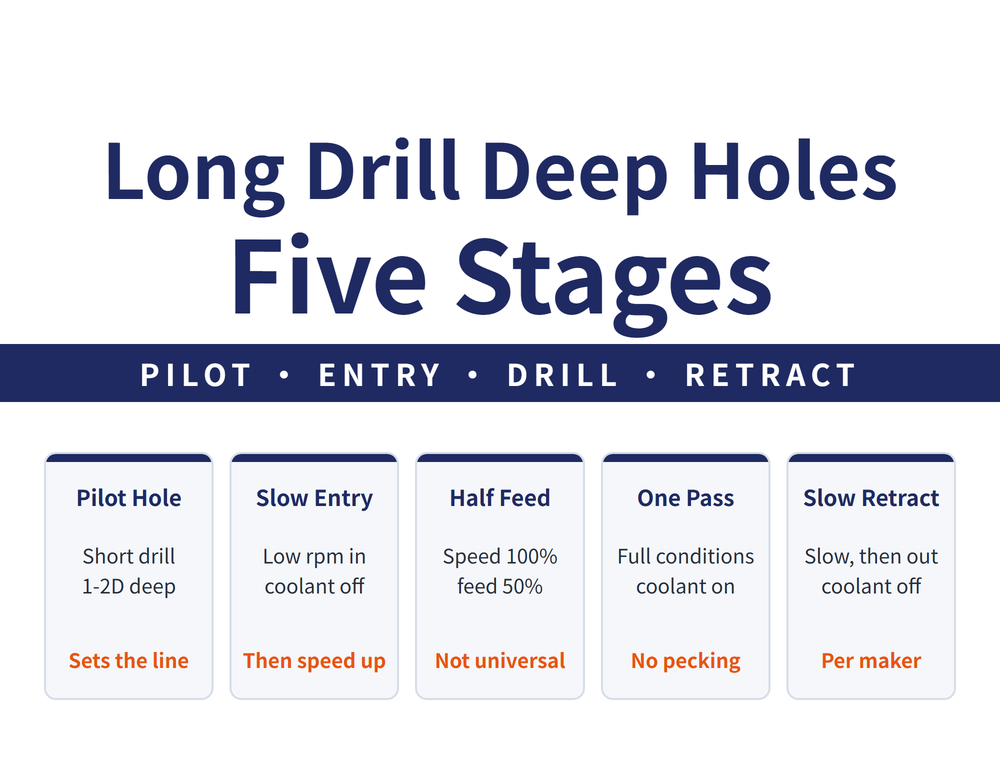 Long drill deep holes in five stages: Pilot Hole (short drill, 1-2D deep, sets the line), Slow Entry (low rpm in, coolant off, then speed up), Half Feed (speed 100%, feed 50%, not universal), One Pass (full conditions, coolant on, no pecking), Slow Retract (slow, then out, coolant off, per maker)