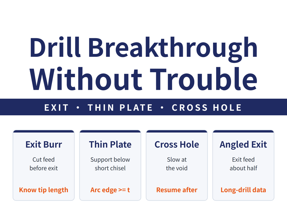 Drill breakthrough without trouble: exit burr (cut feed before exit, know the point length), thin plate (support below, short chisel edge, arc edge depth at least the plate thickness), cross hole (slow at the void, resume after), angled exit (exit feed about half, long-drill maker data)