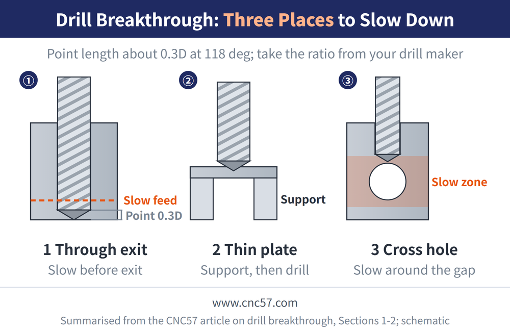 Three breakthrough cases: 1 through-hole exit (start reducing feed before the point reaches the bottom face; point length about 0.3D), 2 thin plate (support under the workpiece before drilling), 3 cross hole (reduced feed from approaching the void until past it)