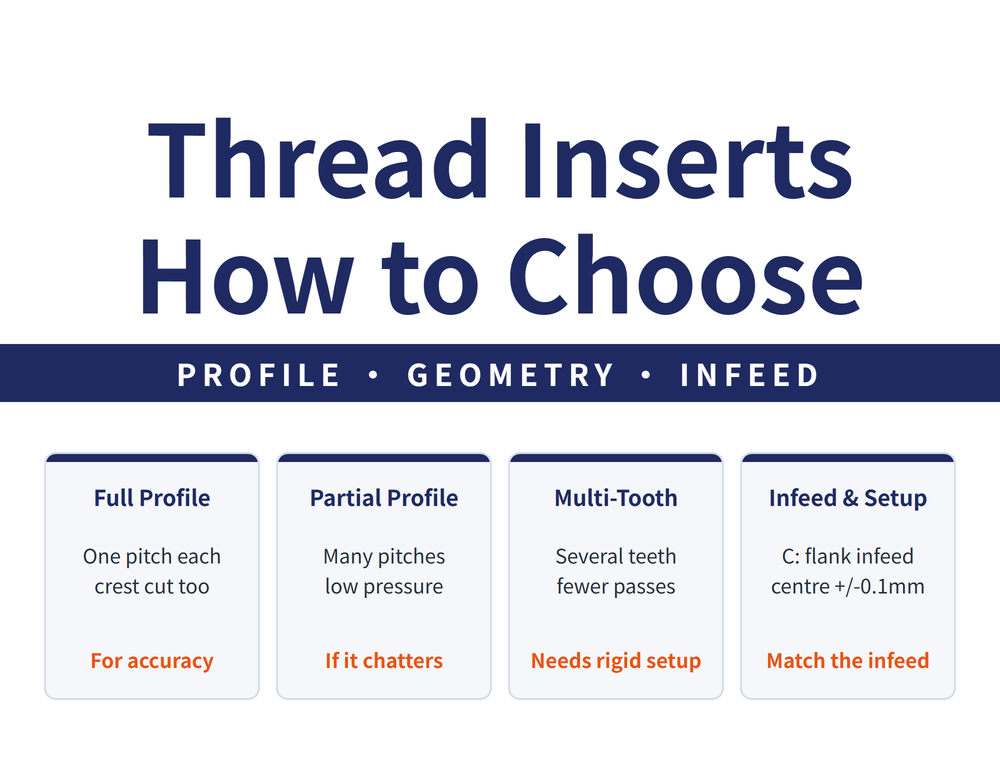 Thread Inserts: How to Choose. Profile, Geometry, Infeed. Full Profile (one pitch each, crest cut too, for accuracy); Partial Profile (many pitches, low pressure, if it chatters); Multi-Tooth (several teeth, fewer passes, needs rigid setup); Infeed & Setup (C: flank infeed, centre +/-0.1mm, match the infeed)