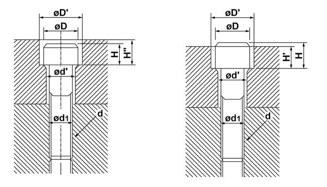 內六角螺栓沉頭孔剖面示意:兩圖都標出 øD'、øD、ød'、ød1、d,沉頭深度左圖標 H 與 H''、右圖標 H' 與 H