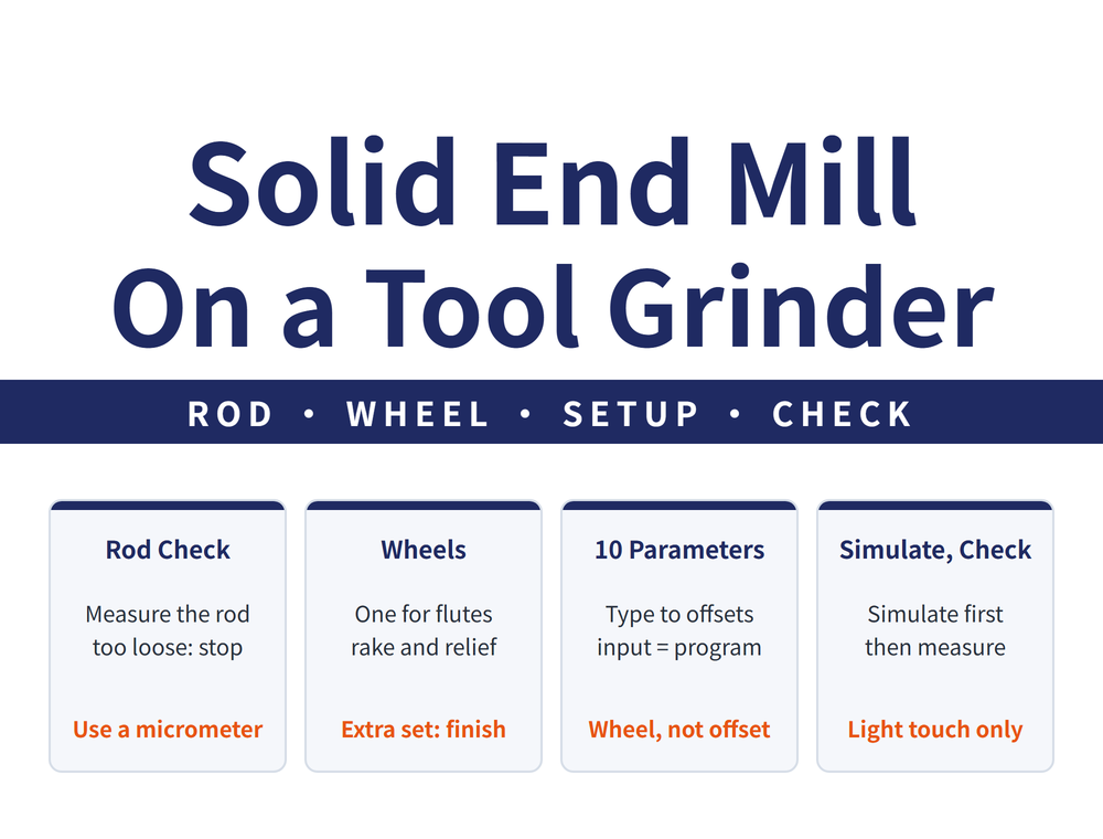 Solid end mill on a tool grinder: rod, wheel, setup, check. Rod Check (measure the rod, too loose: stop; use a micrometer); Wheels (one for flutes, rake and relief; extra set: finish); 10 Parameters (type to offsets, input = program; wheel, not offset); Simulate, Check (simulate first, then measure; light touch only)