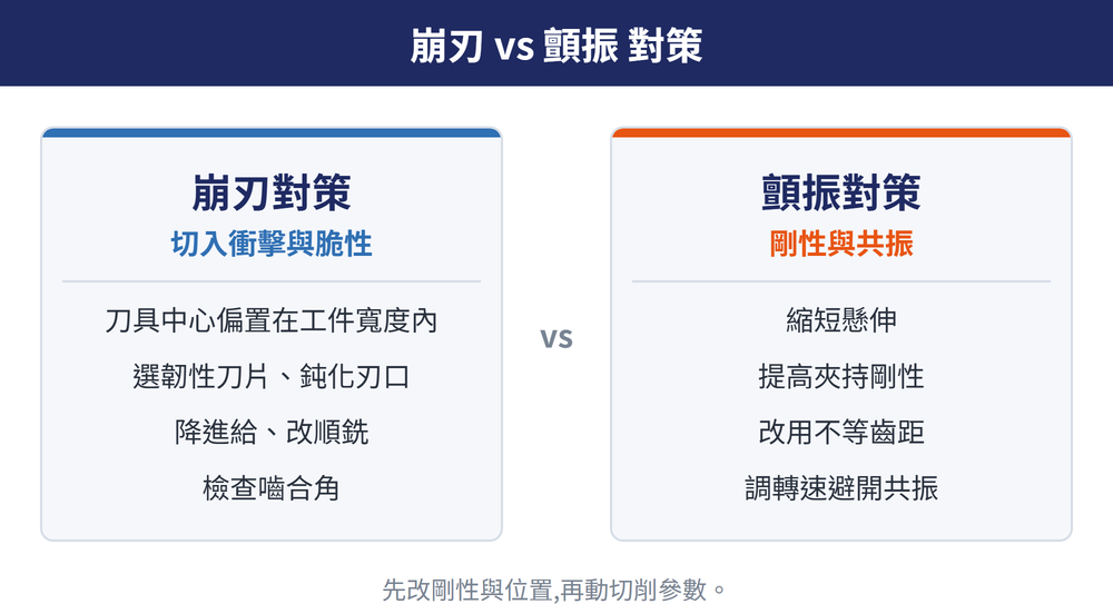 崩刃 vs 顫振 對策:崩刃對策(切入衝擊與脆性;刀具中心偏置在工件寬度內、選韌性刀片與鈍化刃口、降進給改順銑、檢查嚙合角);顫振對策(剛性與共振;縮短懸伸、提高夾持剛性、改用不等齒距、調轉速避開共振);先改剛性與位置,再動切削參數