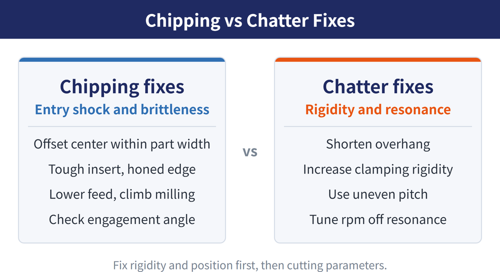 Chipping vs chatter fixes: chipping fixes (entry shock and brittleness; offset center within part width, tough insert and honed edge, lower feed and climb milling, check engagement angle); chatter fixes (rigidity and resonance; shorten overhang, increase clamping rigidity, use uneven pitch, tune rpm off resonance); fix rigidity and position first, then cutting parameters