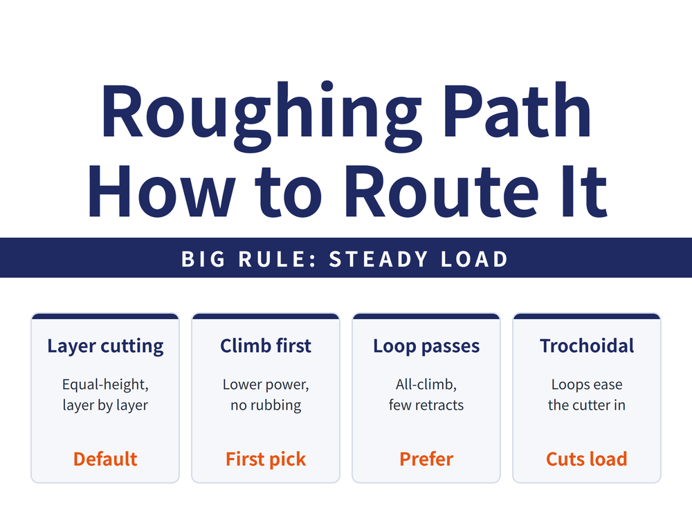 Routing the Roughing Path reading-guide hero image. Title: Roughing Path, How to Route It. Banner: BIG RULE: STEADY LOAD. Four cards in order: Layer cutting (Equal-height, layer by layer; Default); Climb first (Lower power, no rubbing; First pick); Loop passes (All-climb, few retracts; Prefer); Trochoidal (Loops ease the cutter in; Cuts load)