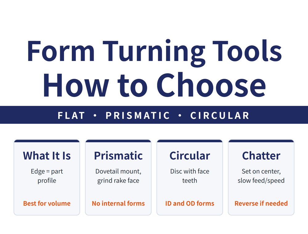 How to choose form turning tools: flat, prismatic, circular. What it is (edge = part profile; best for volume); Prismatic (dovetail mount, grind rake face; no internal forms); Circular (disc with face teeth; ID and OD forms); Chatter (set on center, slow feed/speed; reverse if needed)