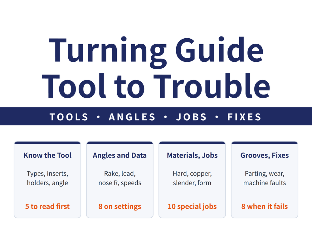 Turning guide hero: main title Turning Guide / Tool to Trouble; ribbon TOOLS, ANGLES, JOBS, FIXES; four quick cards - Know the Tool (types, inserts; holders, angle; 5 to read first), Angles and Data (rake, lead; nose R, speeds; 8 on settings), Materials, Jobs (hard, copper; slender, form; 10 special jobs), Grooves, Fixes (parting, wear; machine faults; 8 when it fails)
