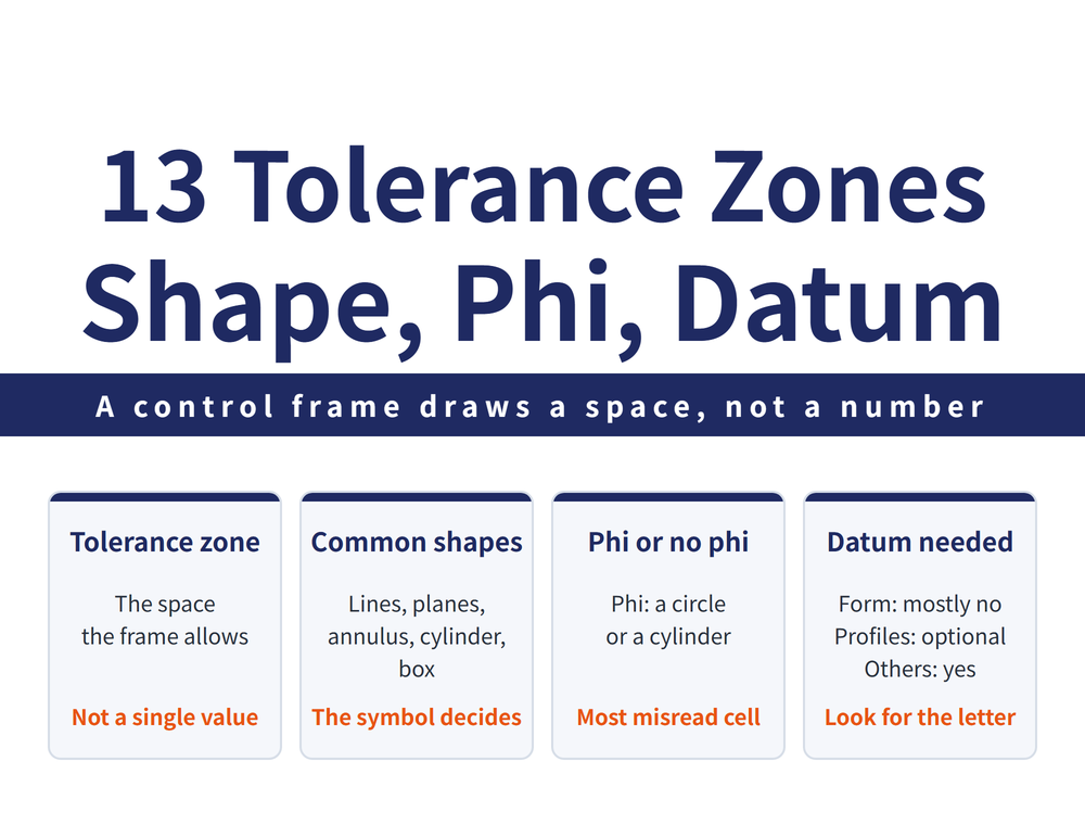 Four quick cards on tolerance zones: what a tolerance zone is, the permitted region the feature control frame carves out in space; common shapes card, six common shapes: two parallel lines, two parallel planes, an annulus, an annular cylinder, a cylinder and a rectangular prism; phi card, with the symbol the zone is a circle or cylinder, without it the zone is a distance between two parallel lines or planes; datum card, form mostly needs no datum and profiles may take one, while the others do