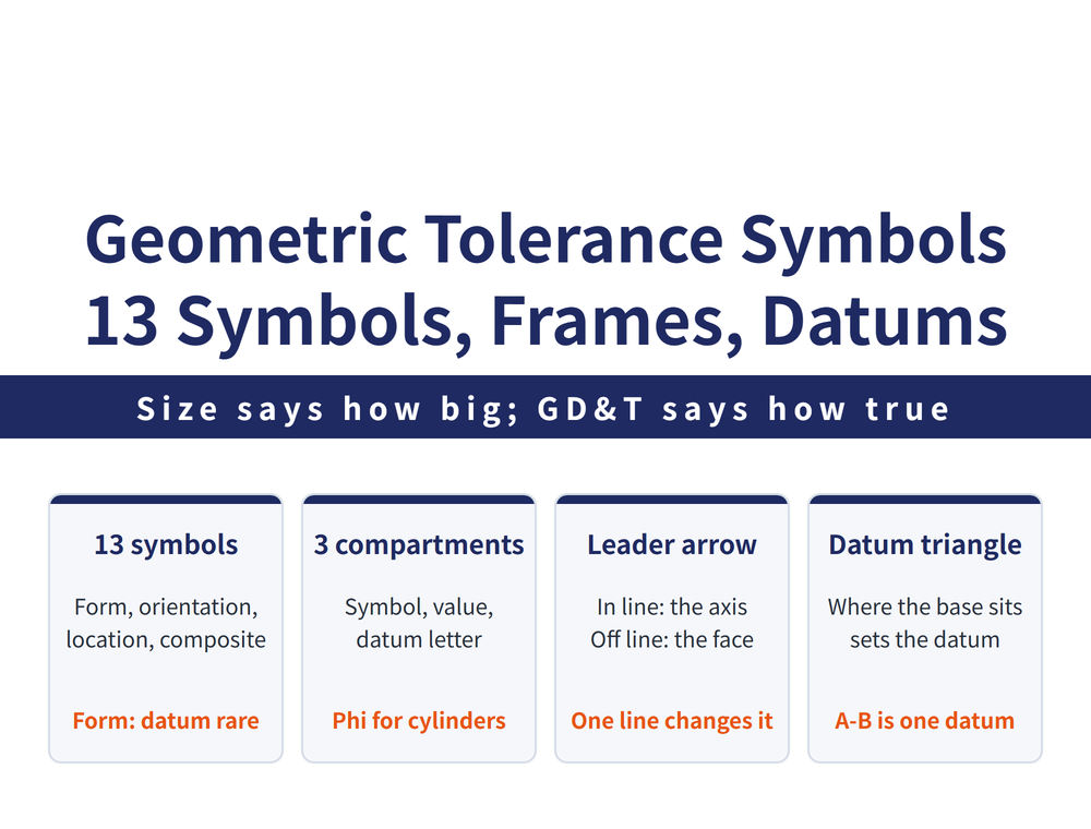 Four quick cards on geometric tolerance symbols: symbol table card, 13 symbols grouped into form, orientation, location and composite; frame card, symbol then tolerance value then datum letter from left to right; leader card, whether the arrow lines up with the dimension line decides surface or centre axis; datum card, where the base of the filled triangle sits decides what the datum is