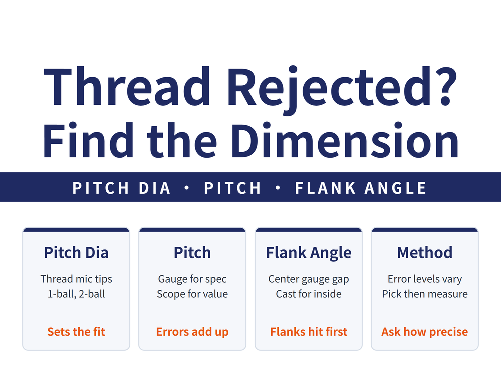 Thread rejected hero image: title 'Thread Rejected? Find the Dimension', band 'Pitch Dia • Pitch • Flank Angle'; four cards - Pitch Dia (thread mic tips, 1-ball and 2-ball; takeaway 'Sets the fit'), Pitch (gauge for spec, scope for value; takeaway 'Errors add up'), Flank Angle (center gauge gap, cast for inside; takeaway 'Flanks hit first'), Method (error levels vary, pick then measure; takeaway 'Ask how precise')