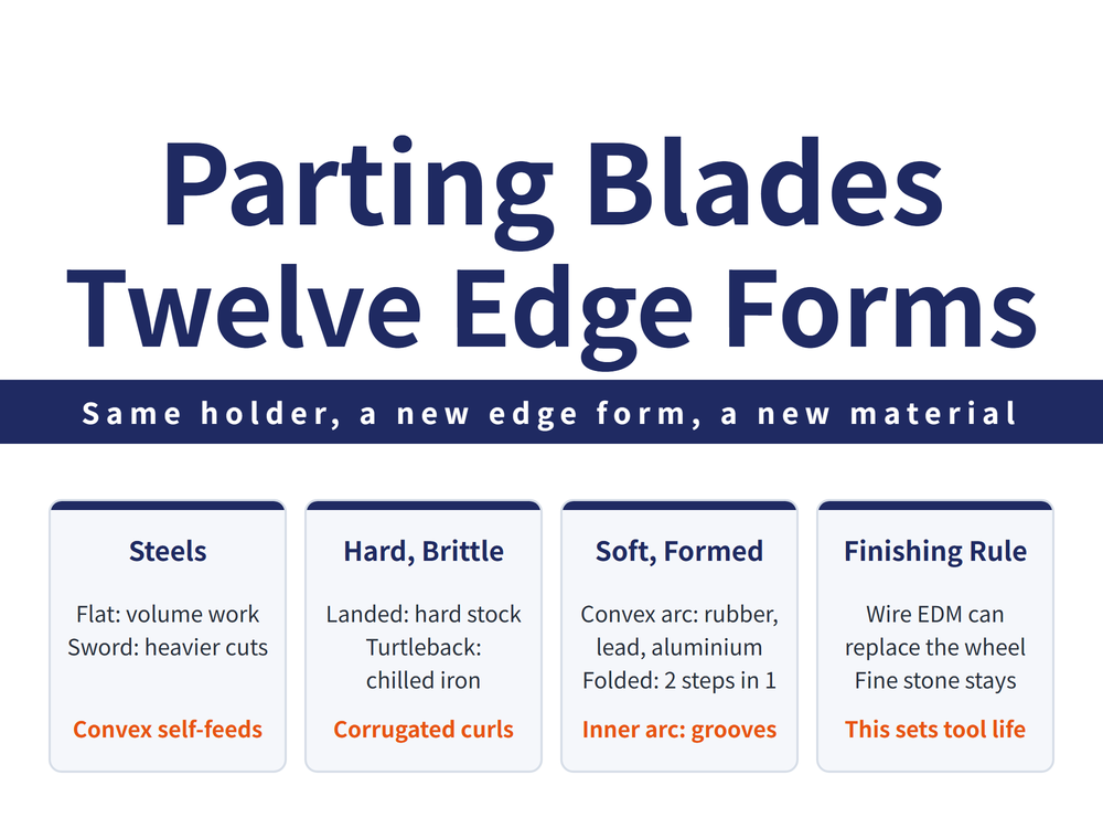 Parting blade edge forms hero card: title 'Parting Blades / Twelve Edge Forms', ribbon 'Same holder, a new edge form, a new material'; four cards - Steels (flat: volume work; sword: heavier cuts; convex self-feeds), Hard, Brittle (landed: hard stock; turtleback: chilled iron; corrugated curls), Soft, Formed (convex arc: rubber, lead, aluminium; folded: 2 steps in 1; inner arc: grooves), Finishing Rule (wire EDM can replace the wheel, but the fine stone pass stays, and it is what sets tool life)