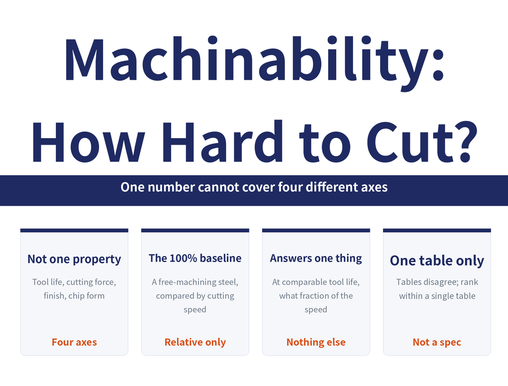 Quick-reference card on machinability ratings. Title: Machinability: How Hard to Cut?. Banner: One number cannot cover four different axes. Four cards - Not one property: Tool life, cutting force, finish, chip form (four axes); The 100% baseline: A free-machining steel, compared by cutting speed (relative only); Answers one thing: At comparable tool life, what fraction of the speed (nothing else); One table only: Tables disagree; rank within a single table (not a spec).