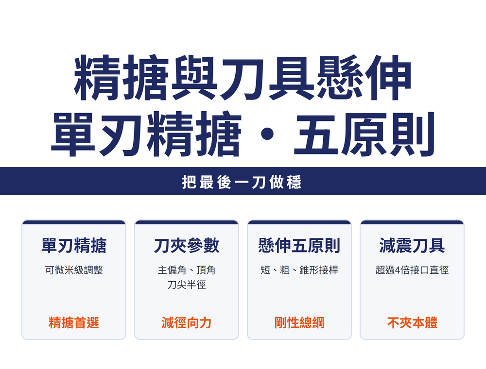 精搪與刀具懸伸速覽卡:標題〈精搪與刀具懸伸:單刃精搪・五原則〉,導線〈把最後一刀做穩〉;四張卡依序為——單刃精搪(可微米級調整,精搪首選)、刀夾參數(主偏角、頂角、刀尖半徑,減徑向力)、懸伸五原則(短、粗、錐形接桿,剛性總綱)、減震刀具(超過4倍接口直徑,不夾本體)