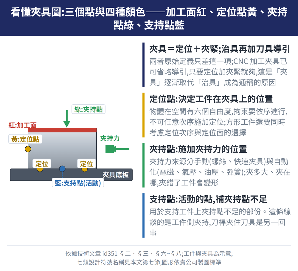 看懂夾具圖:三個點與四種顏色——加工面紅、定位點黃、夾持點綠、支持點藍 — 示意圖:夾具＝定位＋夾緊;治具再加刀具導引:兩者原始定義只差這一項;CNC 加工夾具已可省略導引,只要定位加夾緊就夠,這是「夾具」逐漸取代「治具」成為通稱的原因;定位點:決定工件在夾具上的位置:物體在空間有六個自由度,拘束要依序進行,不可任意次序施加定位;方形工件還要同時考慮定位次序與定位面的選擇;夾持點:施加夾持力的位置:夾持力來源分手動(螺絲、快速夾具)與自動化(電磁、氣壓、油壓、彈簧);夾多大、夾在哪,夾錯了工件會變形;支持點:活動的點,補夾持點不足:用於支持工件上夾持點不足的部份。這條線談的是工件側夾持,刀桿夾住刀具是另一回事