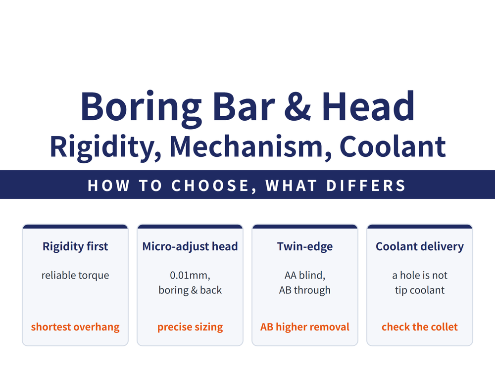Quick-reference card on boring bar and boring head selection. Title: Boring Bar and Head - Rigidity, Mechanism, Coolant. Banner: How to choose, what differs. Four cards - Rigidity first (reliable torque transfer; shortest overhang); Micro-adjust head (0.01 mm per division, boring and back-boring; precise sizing); Twin-edge (AA for blind holes, AB for through holes; AB gives higher removal); Coolant delivery (a hole is not tip coolant; check the collet).