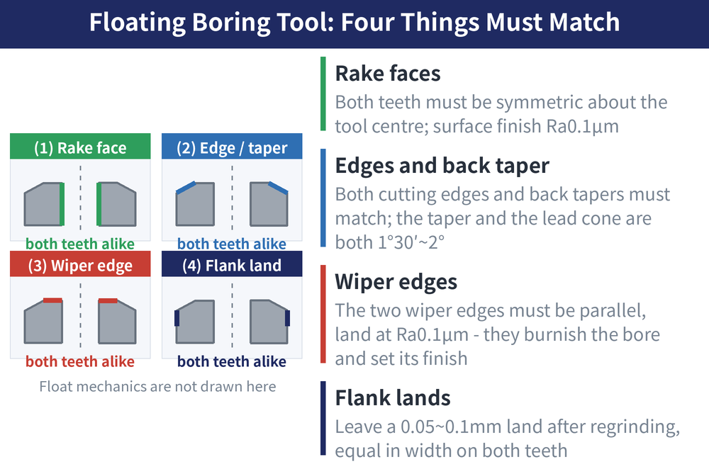 Floating Boring Tool: Four Things Must Match — diagram: Rake faces (Both teeth must be symmetric about the tool centre; surface finish Ra0.1μm); Edges and back taper (Both cutting edges and back tapers must match; the taper and the lead cone are both 1°30′~2°); Wiper edges (The two wiper edges must be parallel, land at Ra0.1μm - they burnish the bore and set its finish); Flank lands (Leave a 0.05~0.1mm land after regrinding, equal in width on both teeth)