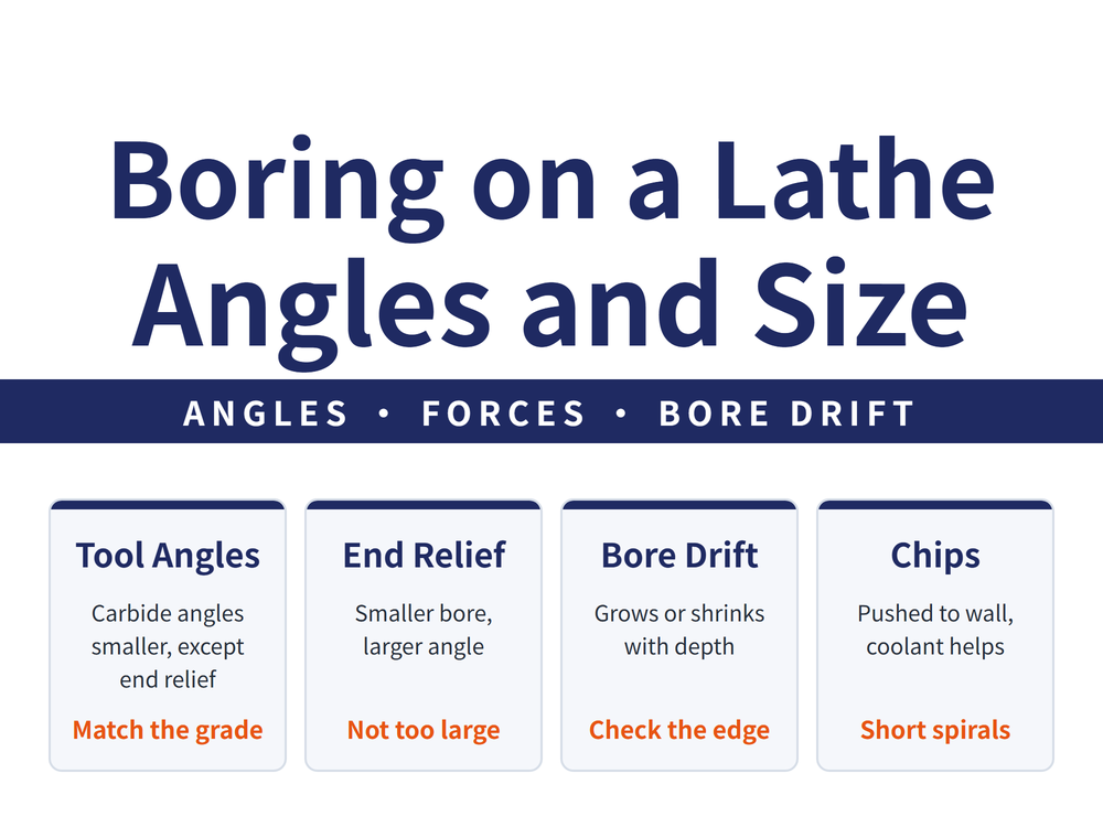Quick-reference card on boring on a lathe. Title: Boring on a Lathe - Angles and Size; ribbon: ANGLES - FORCES - BORE DRIFT. Four cards: Tool Angles (Carbide angles smaller, except end relief; Match the grade), End Relief (Smaller bore, larger angle; Not too large), Bore Drift (Grows or shrinks with depth; Check the edge), Chips (Pushed to wall, coolant helps; Short spirals)