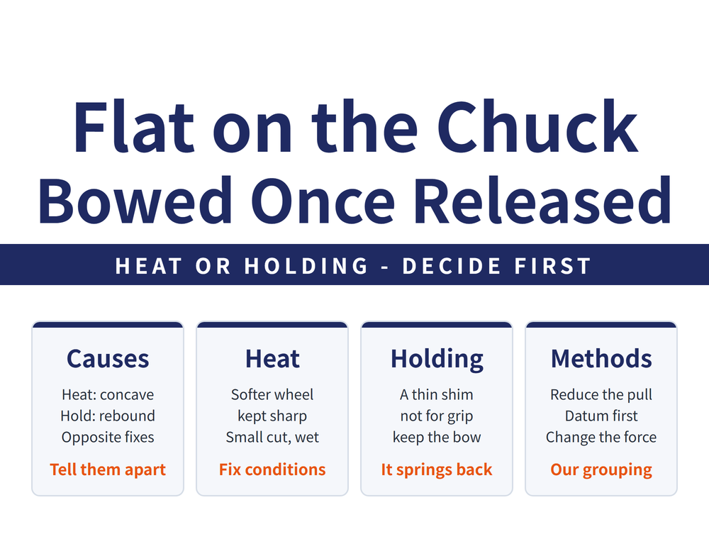 Thin part distortion hero: title 'Flat on the Chuck', 'Bowed Once Released', banner 'Heat or holding? Decide first'; four cards—Two causes (thermal distortion grinds a concave face, clamping distortion springs back on release, the fixes are opposite), Heat (a softer wheel kept sharp, small depth of cut, plenty of fluid), Holding (a thin rubber shim or heavy grease, the point is not to flatten a bowed part), Methods (reduce the pull, datum first, change the force; the three families are our own grouping)