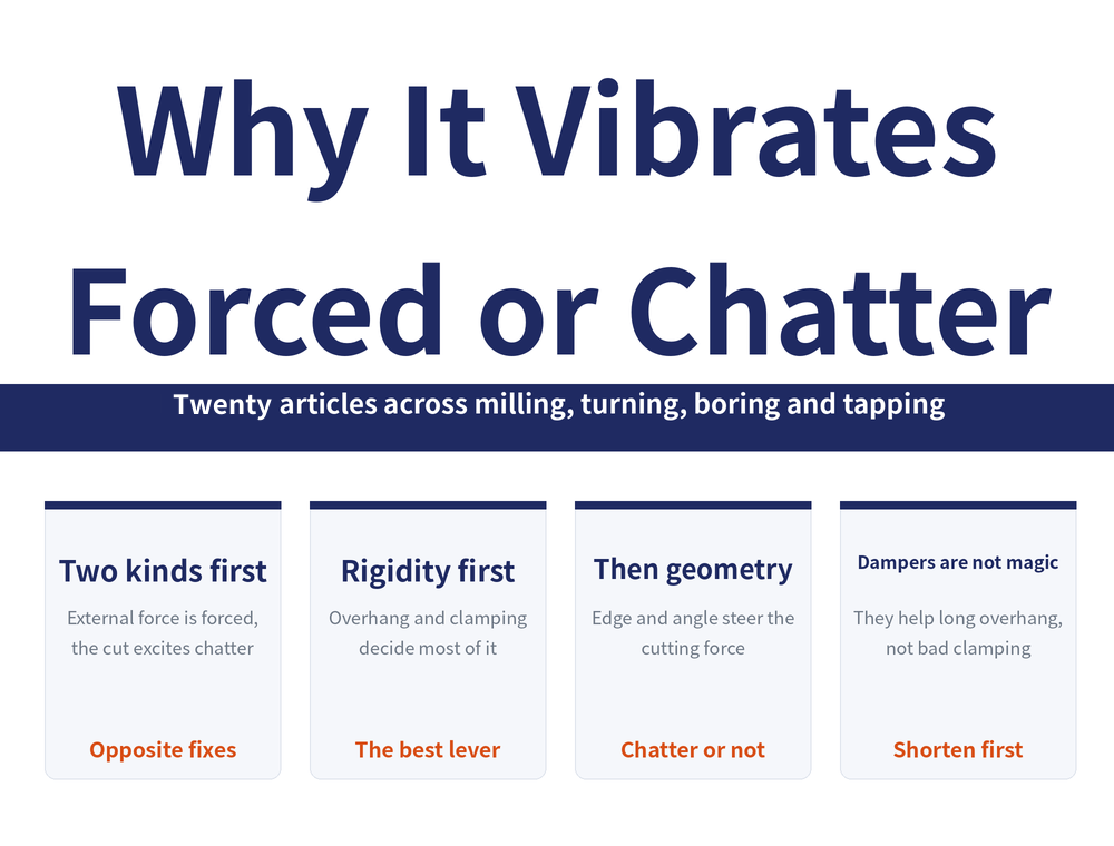 Vibration and Chatter reading-guide hero image. Title: "Why It Vibrates Forced or Chatter". Banner: "Twenty articles across milling, turning, boring and tapping". Four cards in order: Two kinds first (External force is forced, the cut excites chatter; Opposite fixes); Rigidity first (Overhang and clamping decide most of it; The best lever); Then geometry (Edge and angle steer the cutting force; Chatter or not); Dampers are not magic (They help long overhang, not bad clamping; Shorten first)