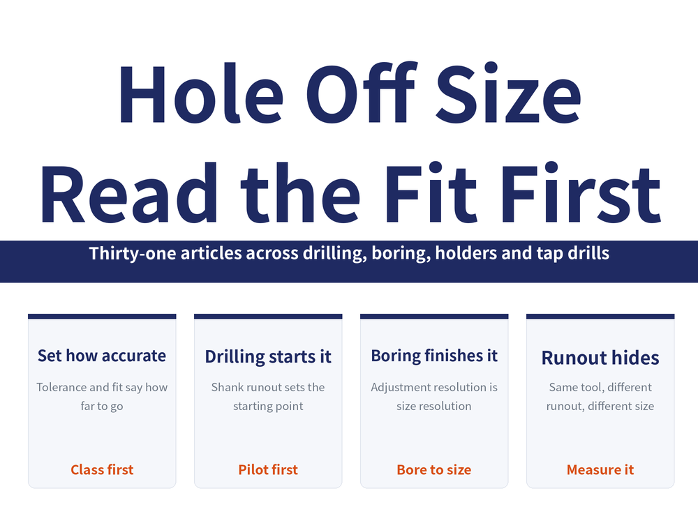 Hole Accuracy reading-guide hero image. Title: "Hole Off Size Read the Fit First". Banner: "Thirty-one articles across drilling, boring, holders and tap drills". Four cards in order: Set how accurate (Tolerance and fit say how far to go; Class first); Drilling starts it (Shank runout sets the starting point; Pilot first); Boring finishes it (Adjustment resolution is size resolution; Bore to size); Runout hides (Same tool, different runout, different size; Measure it)