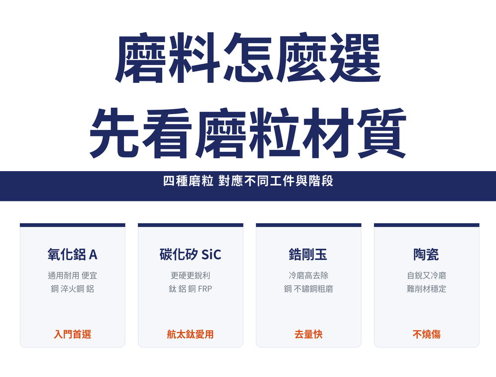 磨料怎麼選導讀首圖:標題〈磨料怎麼選 先看磨粒材質〉,導線〈四種磨粒 對應不同工件與階段〉;四張卡依序為——氧化鋁 A(通用耐用 便宜 鋼 淬火鋼 鋁,入門首選)、碳化矽 SiC(更硬更銳利 鈦 鋁 銅 FRP,航太鈦愛用)、鋯剛玉(冷磨高去除 鋼 不鏽鋼粗磨,去量快)、陶瓷(自銳又冷磨 難削材穩定,不燒傷)